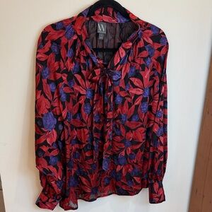 Worthington Red & Purple Floral Burnout Print Blouse, L - Indie, Glam, Romantic